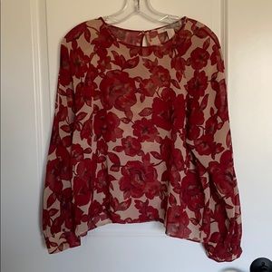 Nude and Red Floral Sheer Blouse